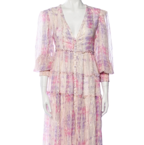 ROCOCO SAND Etre Womens Dress M Pink White Metallic Tiered Long Sleeve Maxi